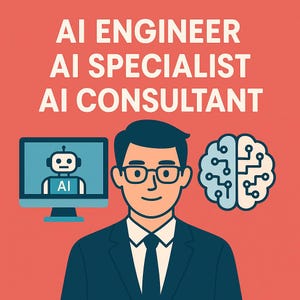 Könnte beinhalten: Illustration einer Person im Anzug mit Brille, einem Computerbildschirm mit Roboter und einer Gehirngrafik. Der Text oben lautet: AI ENGINEER, AI SPECIALIST, AI CONSULTANT. Der Hintergrund ist korallenfarben.