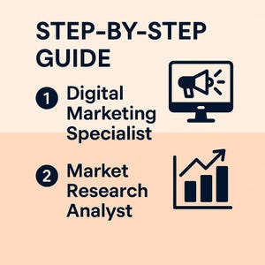 May include: A step-by-step guide graphic with the title "STEP-BY-STEP GUIDE" in dark blue. The guide lists "Digital Marketing Specialist" and "Market Research Analyst" with corresponding icons of a computer monitor and a bar graph.