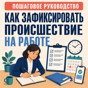 May include: A graphic illustration featuring a person in a navy blazer writing in a notebook. The text reads "ПОШАГОВОЕ РУКОВОДСТВО" and "КАК ЗАФИКСИРОВАТЬ ПРОИСШЕСТВИЕ НА РАБОТЕ". Included are a clipboard with a checklist, a wall clock, a calendar, and a smartphone.