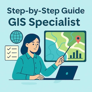 Może przedstawiać: Ilustracja kobiety w turkusowej koszuli wskazującej na mapę na ekranie, z laptopem przed nią. Obraz zawiera tekst "Step-by-Step Guide GIS Specialist", globus i listę kontrolną.