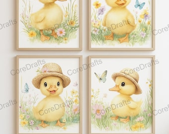 赤ちゃんアヒルの水彩画プリント：春の保育園の壁アート（デジタルダウンロード）