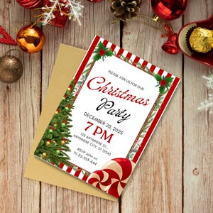 May include: A Christmas party invitation with a red and white striped border, a Christmas tree graphic, and a candy cane design. The invitation includes the text "Christmas Party" and event details.