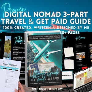May include: A digital guide titled "Ultimate Guide to Travel & Get Paid" with a 3-part series. The cover features a plane graphic. Additional pages and a laptop display travel content. The guide includes a free travel itinerary.