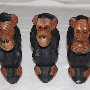 Vintage Art Hand Carved African 3 Wise Monkeys See Hear Speak No Evil Figurines