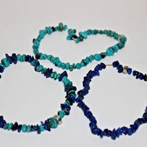 Vintage 925 Sterling Turquoise Lapis Chip Bead Stretch Bracelet Set 3pc