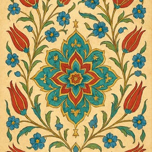 May include: A traditional Turkish floral design with red tulips, blue flowers, and intricate gold and teal patterns. The design is on a cream-colored background.