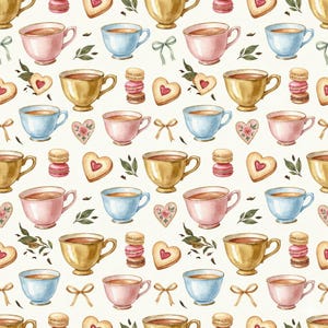 Puede incluir: Patrón de acuarela con tazas de té doradas, rosas y azules, junto con galletas en forma de corazón, macarons y lazos. Hojas verdes y elementos florales completan el diseño, creando un motivo encantador y repetitivo. El tema es una merienda.