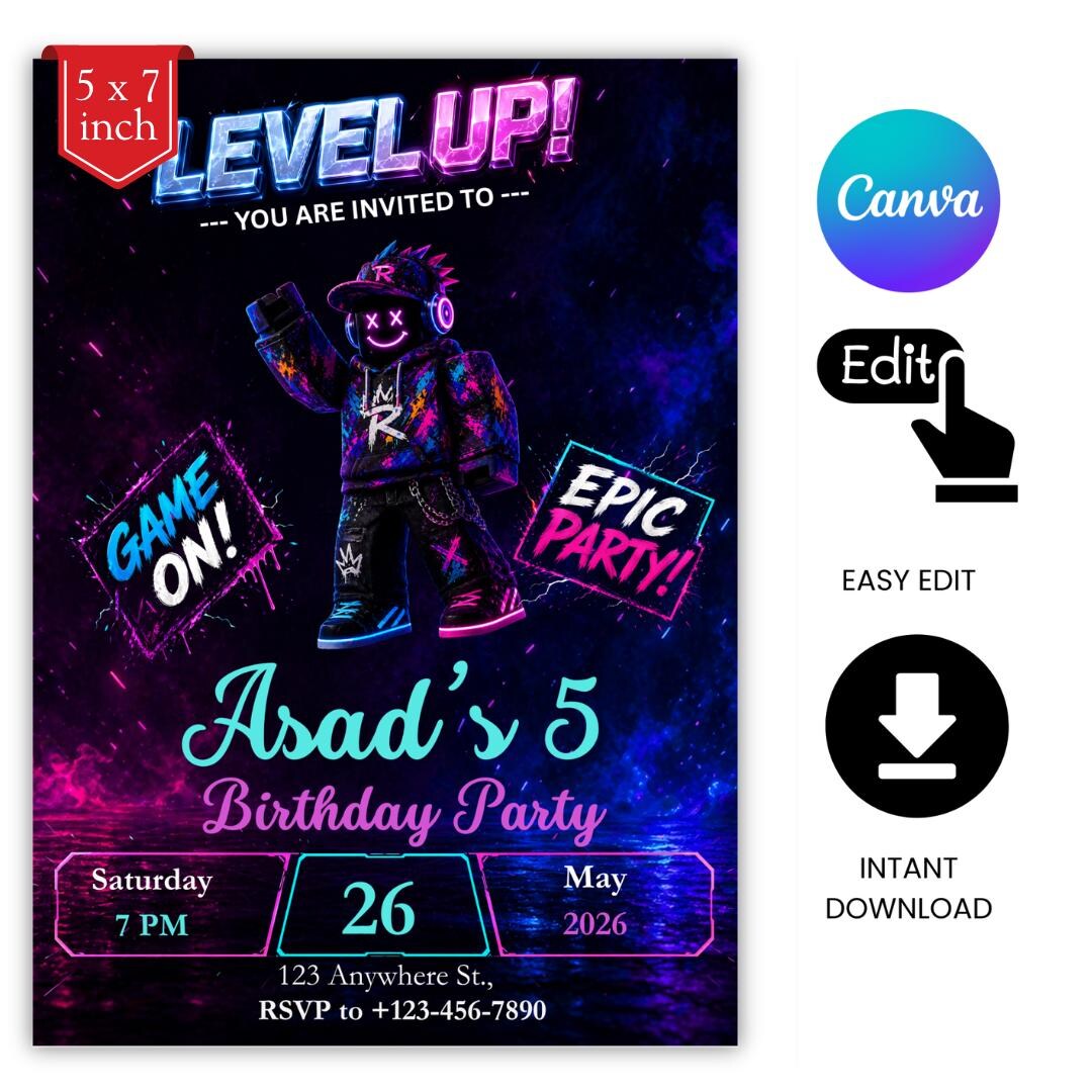 Roblox Birthday Invitation, Editable Canva Template (digital Download ...