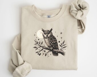 Sweater Owl And Moon: Owl Cottagecore grafische ronde hals voor natuurliefhebbers