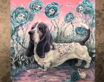 Blue - 5x5 Basset Hound print - spooky art -  Fine Art print