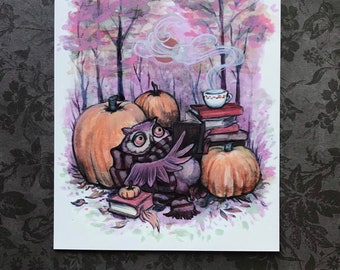 Pumpkin Season - 5x7 owl print - autumn art - Fine Art print