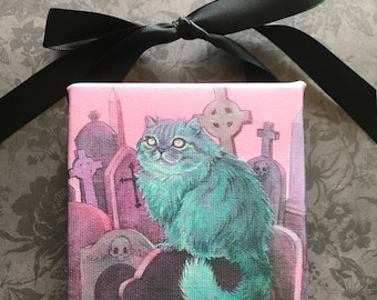 Ghoulie Peaches - Mini Canvas Print - spooky graveyard cat art