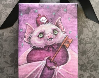 Hortense détient la clé de mon coeur - Mini impression sur toile, art de chauve-souris fantasmagorique, joli cadeau déco d'Halloween