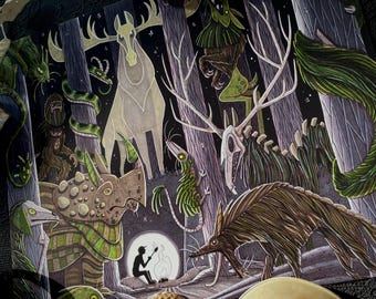 May include: A fantasy art print featuring a forest scene with various creatures, including a moose, a deer skeleton, and a long-snouted animal. The artwork is detailed with a dark color palette, with a full moon and a person sitting by a campfire.