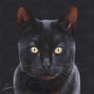 以下が含まれることがあります： 黄色い目と茶色の耳を持つ黒猫のデジタルアートポートレート。猫の毛皮は光沢があり、背景は繰り返しのスターバーストパターンを持つ濃い灰色です。猫は直接視聴者を見ています。