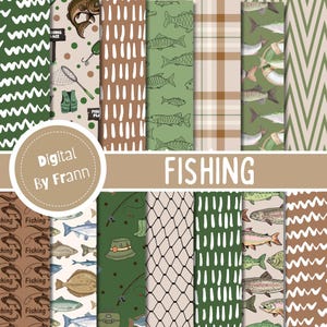 May include: Digital paper designs with a fishing theme. The patterns feature fish, fishing equipment, and geometric shapes in green, brown, and beige. The word "FISHING" is displayed in a banner across the image.