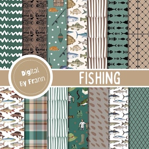 May include: A selection of digital papers with a fishing theme. Patterns include fish, fishing rods, bait, and text that reads "GOOD BAIT, COME TO THOSE WHO". The colour scheme features greens, browns, and beige.