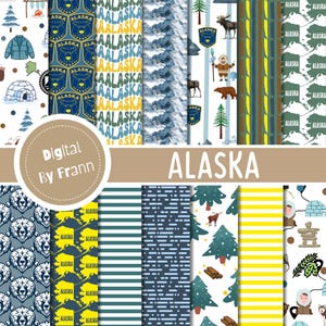 Peut inclure: Une collection de motifs de papier numérique sur le thème de l'Alaska. Les motifs comprennent des motifs répétés du mot "Alaska", des chaînes de montagnes, des cartes et des illustrations de la faune et des éléments culturels. La palette de couleurs comprend des bleus, des verts et des jaunes.