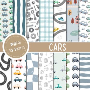 Può includere: Una collezione di carte digitali con disegni a tema auto. I modelli includono auto, strade, parti di auto e bandiere a scacchi in vari colori. Il testo "CARS" è visualizzato in modo prominente, insieme al testo "Digital By Frann" in un logo circolare.