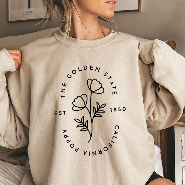 Superbloom California Poppy Wildflowers California Minimal Drawing 70s retro Vintage Handdrawn Unisex Crewneck Sweatshirt California