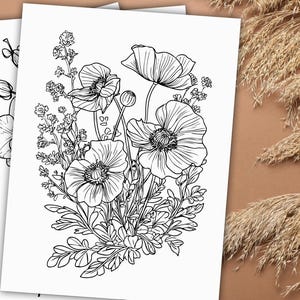 Libro para colorear de flores para adultos y niños, obra de arte, artículo digital imprimible, tamaño carta