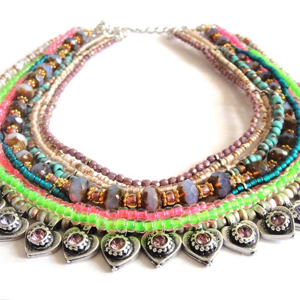Neon statement necklace - beaded multiple strands hippie necklace with silver gypsy hearts and Swarovski chrystal - bib necklace