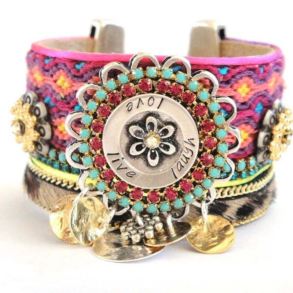 Bohemian hippie jewelry - friendship bracelet cuff in pink and turquoise - statement jewelry - gypsy style charm bracelet