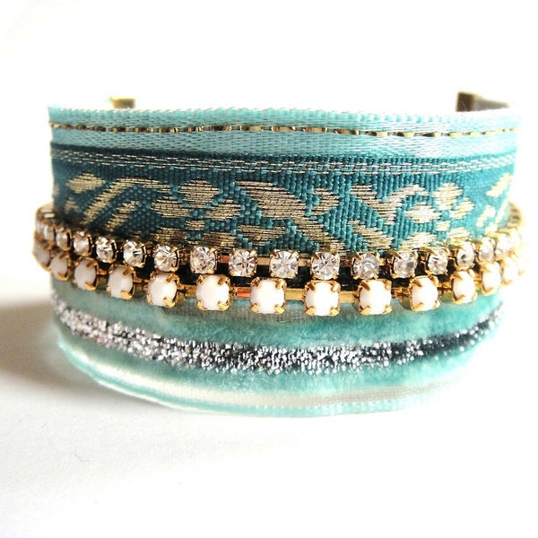 Romantic bohemian cuff bracelet -  mint green with sparkling swarovski rhinstones - shabby chic glamour -