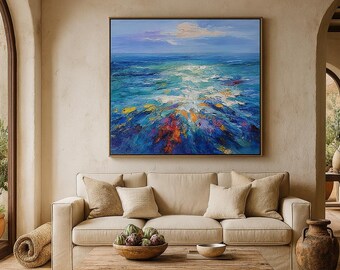 Textured Mediterranean Seascape Oil Painting: Coastal Canvas Wall Art