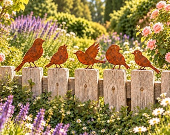 May include: A set of five rust-colored metal bird silhouettes perched in a row along the top of a weathered wooden fence. Each bird figure features a textured, oxidized finish and is depicted in a distinct pose, including standing and flying.