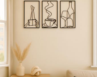 Schwarze Metal Kitchen Line Art - Kaffee, Wein & Utensilien Set