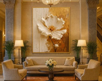 Pintura al óleo de flores blancas texturizadas: arte floral moderno para pared.