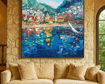 Pintura al óleo de la costa italiana pintada a mano: lienzo mediterráneo texturizado
