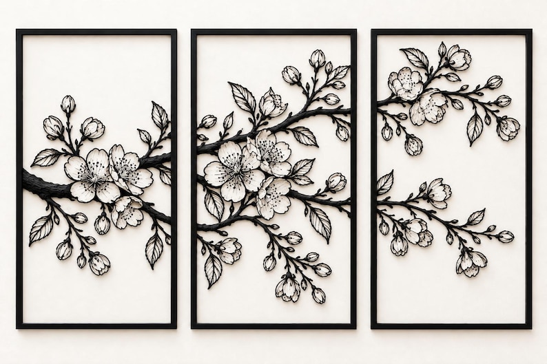 May include: A triptych wall art set featuring three rectangular black frames containing white panels. Each panel displays a raised, black-and-white relief sculpture of cherry blossom branches with detailed flowers, buds, and leaves.