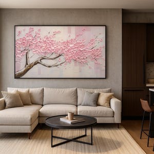 Textured Cherry Blossom Oil Painting: Handmade Floral Canvas Wall Art