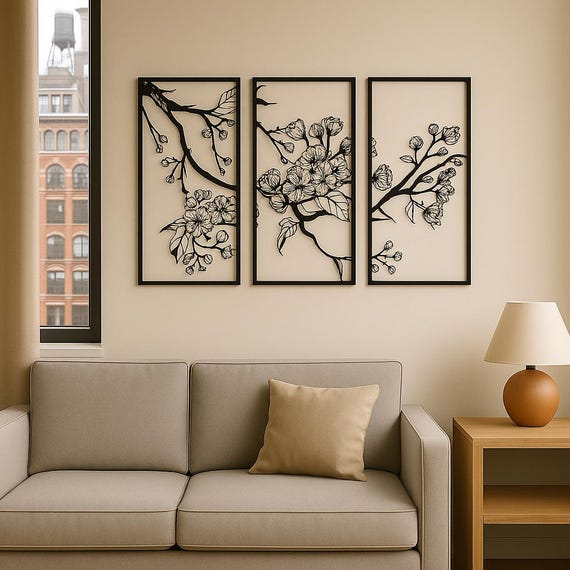 Black Metal Cherry Blossom Wall Art - Modern Minimalist 3-Piece Set
