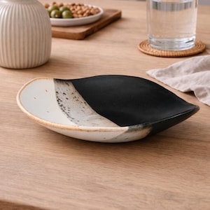 Black and White Handmade Plate – Rustic Stoneware Bowl –  Artisan Pottery