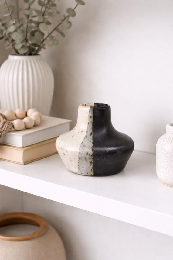 Black and White Pottery Vase – Modern Minimalist Decor – Artisan Stoneware Vase