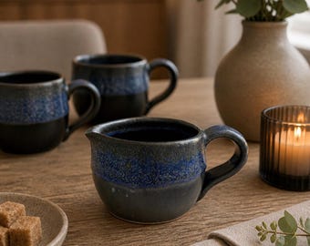 Handmade Ceramic Creamer – Blue & Black Stoneware Milk Pitcher– Artisan Pottery