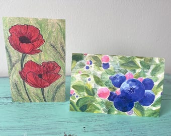 Tarjetas de amapola y arándanos / tarjetas dobladas de 4x6 y sobres /