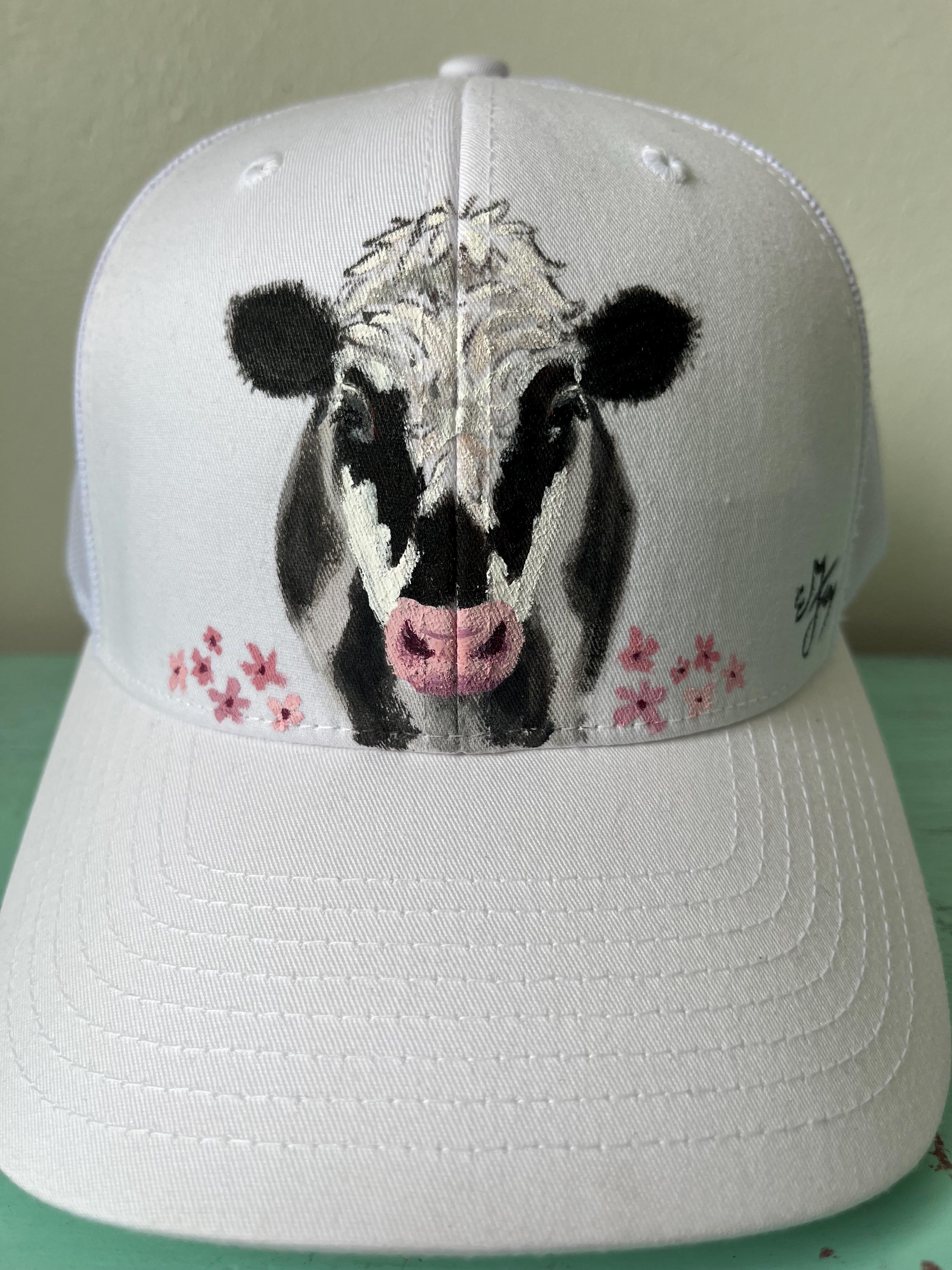 Beige Trucker Hat with Turquoise Leopard cow print Bow Accent Handpainted FD685A8E-B7CF-4D5E-BD01-  main image 2