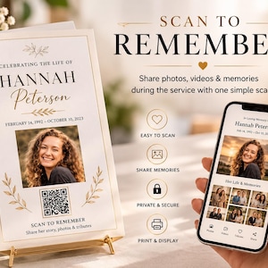 Op de afbeelding: Een herdenkingskaart met de tekst "Celebrating the Life of Hannah Peterson" en een foto. Een smartphone toont een vergelijkbaar gedenkteken met foto's. De tekst "Scan to Remember" is ook aanwezig.