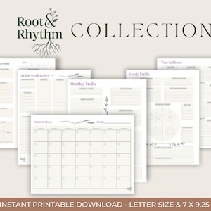 Puede incluir: Colección de páginas de planificador imprimibles con una paleta de colores neutros. Las páginas incluyen diseños diarios, semanales y mensuales, así como rastreadores anuales de enrejado y floración. Las páginas miden 17,78 x 23,5 cm.