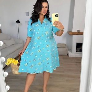 Mint Plus Size Dress – Floral Mini Dress, Summer Loose Fit, Soft Fabric, Short Sleeve (US XL–3X / EU 48–62)Gift for mom dress ,Curvy dress