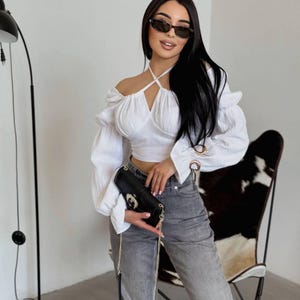 Cotton Muslin Crop Top with Puff Sleeves, Boho Style Summer Blouse for Women, White Long Sleeve Tie Front Top, S–XL,White Tie Front Blouse