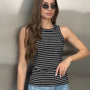 Striped Ribbed Knit Tank Top: Turkish Cotton Blend, Fitted Sleeveless Shirt