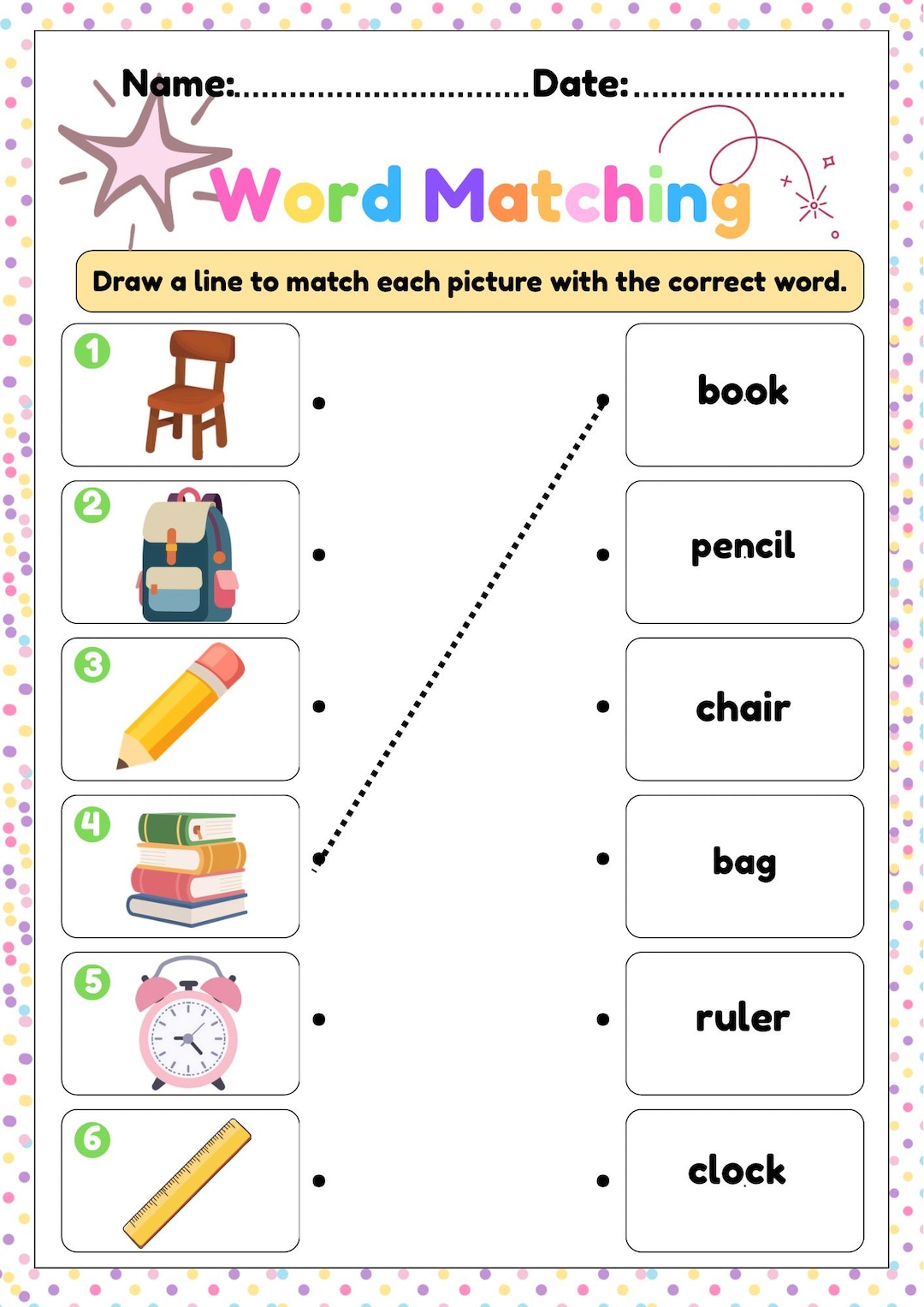 Word Match Activity Kids Word Matching Worksheet Printable PDF for Preschool and ...