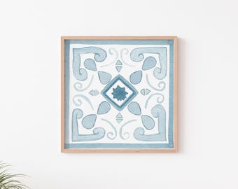 Blue and White Tile Watercolor Art Print | Square Art Print | Mediterranean Tile