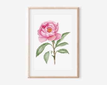 May include: Watercolor painting of a pink peony flower with green leaves and a brown stem, set against a white background. The artwork is framed in a light wood frame, suitable for home decor.