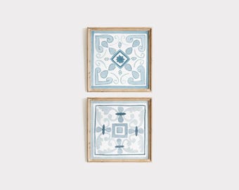 Set of 2 Blue and White Tile Watercolor Art Print | Square Art Print | Mediterranean Tile